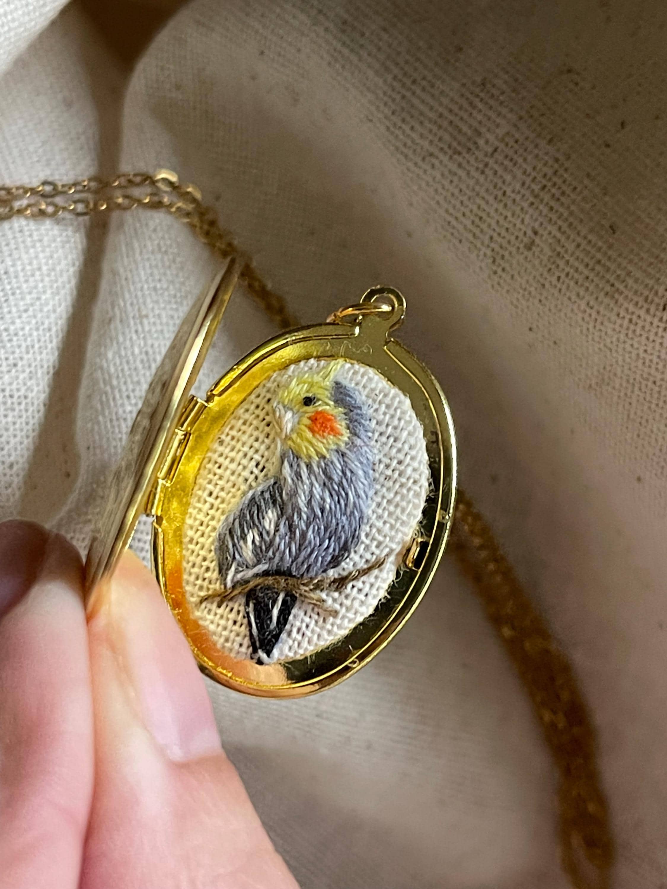 Cloth Locket Hand-embroidered Parrot Locket Necklace | Cockatiel Necklace | Gold ...