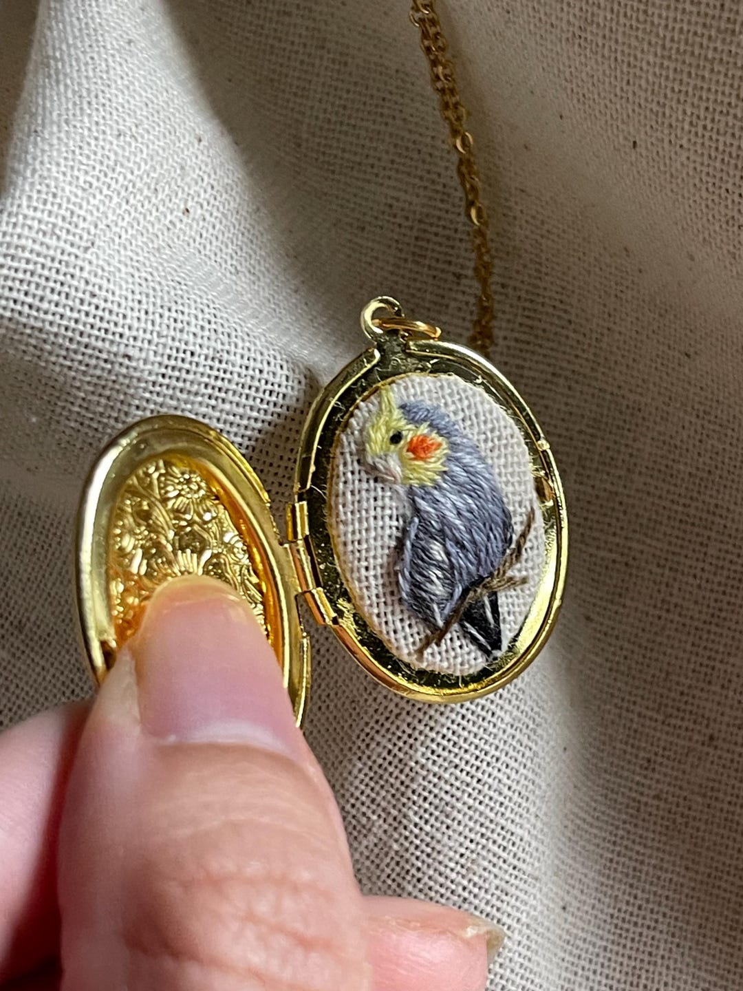 Cloth Locket Hand-embroidered Parrot Locket Necklace | Cockatiel Necklace | Gold ...