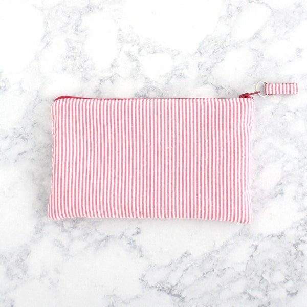 Striped Seersucker Zipper Bag - Pink and White - Fabric Small Toiletry Pouch - Mini Purse - Gift for Mom, Girlfriend, Bridesmaids Gift