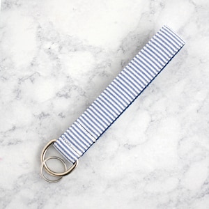 Striped Key Ring Wristlet - Nautical - Blue and White Seersucker - Key Fob - Gift for Mom, Bridesmaids Gift -