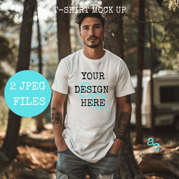 Camping Mock up T-shirt Camping T-shirt Mock Up Male model White t-shirt outdoors forest camping background tattoos t-shirt camping mock up