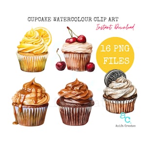 Watercolor Cupcake Clipart Bundle - Commercial Use Included, Cupcake clipart, watercolor clipart, PNG transparent background, cupcakes, PNG