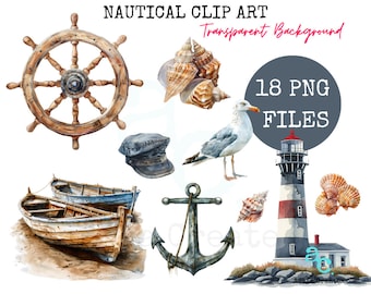May include: A set of 18 nautical themed digital clipart images. The images include a ship's wheel, a lighthouse, a seagull, a boat, an anchor, and seashells. The images are in a watercolor style and have a transparent background.