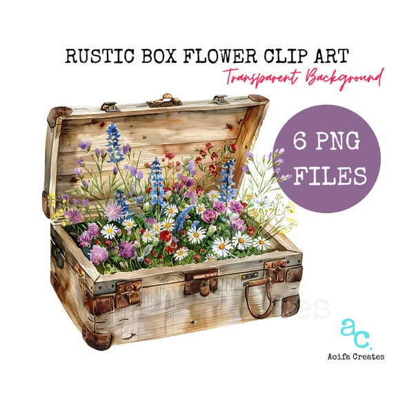 Flowers in Rustic Box Clipart Bundle - Commercial Use Included, wildflower clipart, watercolor clipart, PNG transparent background, rustic