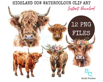 Highland Kuh Aquarell Clipart Bundle, PNG Grafiken (Digitaler Download)