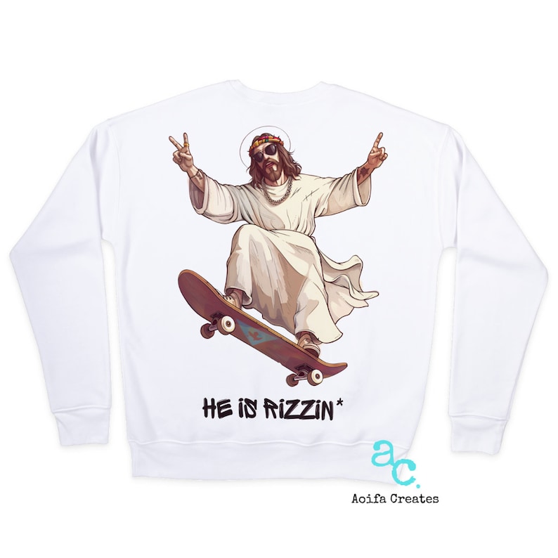 He is Rizzin Single Clipart - Commercial Use Included, easter clipart, jesus clipart, PNG transparent background, He is Rizzin skateboard