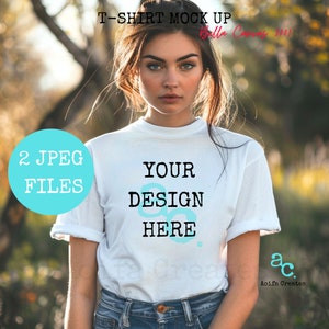 Mock up Tshirt Bella Canvas 3001 T-shirt Mock Up Female model in a White Bella Canvas t-shirt against a spring background womans t-shirt