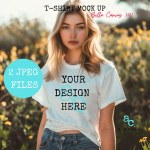 Mock up Tshirt Bella Canvas 3001 T-shirt Mock Up Female model in a White Bella Canvas t-shirt against a spring background womans t-shirt