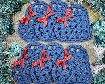 Crochet Heart Coasters Set of 6, Blue Kandy Yarn, Womens Valentine Gift For Her, Table & Home Decor, Handmade Gift, Christmas