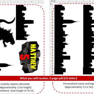 Godzilla skyline silhouette cake topper printable, digital download, personalized image 2