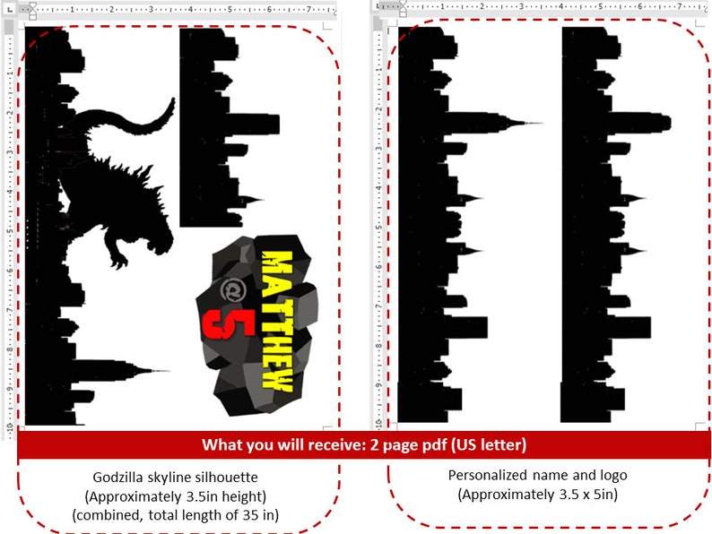 Godzilla skyline silhouette cake topper printable, digital download, personalized image 2