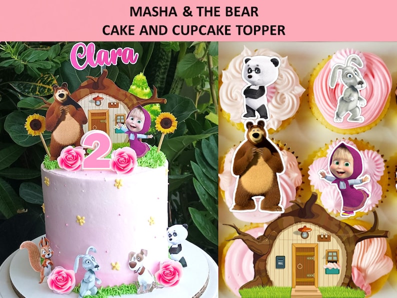 Macha et l'ours pour gâteau et cupcakes imprimable, téléchargement numérique image 1