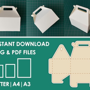 May include: A printable template for a take-out style box with a handle. The template is shown in three sizes: Letter, A4, and A3. The template is shown folded and unfolded. The text "INSTANT DOWNLOAD SVG & PDF FILES" is shown at the top of the image.