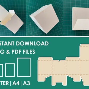 Könnte beinhalten: Eine druckbare Vorlage für eine quadratische Box mit Falzlinien und Laschen. Die Vorlage wird in drei verschiedenen Größen gezeigt: Letter, A4 und A3. Der Text "INSTANT DOWNLOAD SVG & PDF FILES" befindet sich oben im Bild.