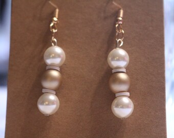 White and Gold Pearl Bead Earrings with Small Clay Spacers