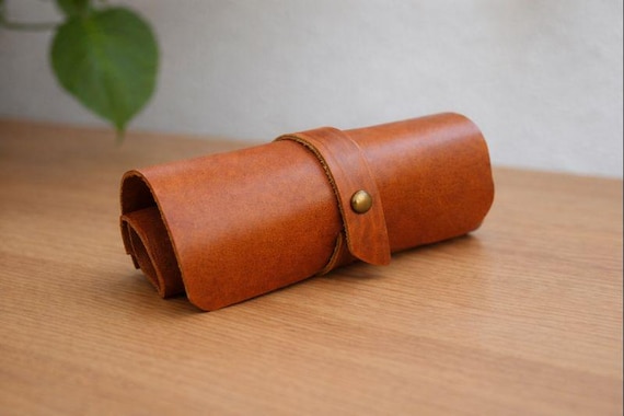Handmade Leather Pencil Case Roll Up Pen & Brush Holder Artist gift Travel case Make-up organizer Stundent and Teacher gift