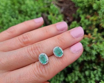 Genuine Emerald & White Topaz Stud Earrings in Silver