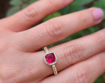 Cushion Cut Ruby & White Topaz Ring, 14kt Gold Over Silver (Size 5.5)