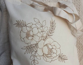 Floral tote bag/ market bag. Hand burned floral pyrography cotton tote bag