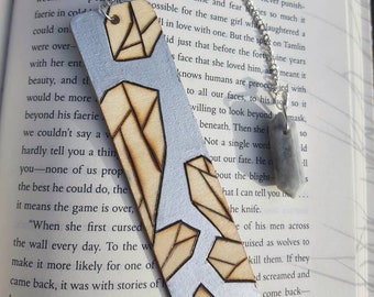 Crystal bookmark, wooden pyrography metallic silver crystal chain bookmark with silver chain and moonstone point