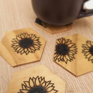 Wooden coasters, Luxury floral 4 piece handburned pyrography sunflower wood coaster set on hexagonal cut pine
