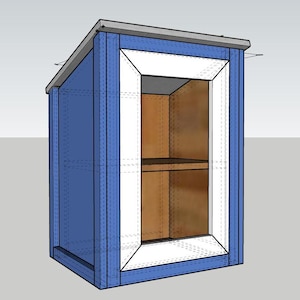 Może przedstawiać: Mały, niebieski drewniany szafka z białą ramką i dwiema półkami. Szafka ma szary blat i jest wykonana z drewna.