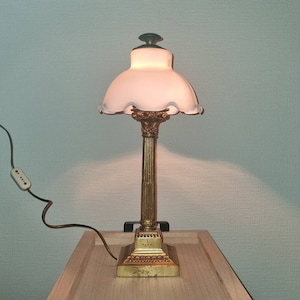 Brass lamp with milk glass, 1930s Hollywood Regency style