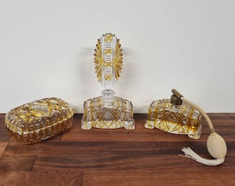 Art Deco boudoir vanity toilet set made of pressed glass