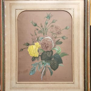 antique pencil pastel roses flower still life painting, from the heirs of the Reekers family (Holland early 19th century), rare offer!
