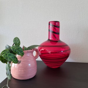 Large eighties vase, cranberry red with black swirl