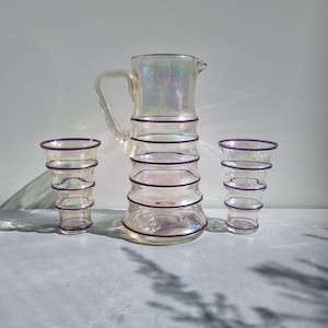 antique iridescent glass pitcher with 2 cups, for decoration