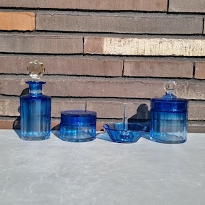 dressing table set blue glass, 1950s, four-piece