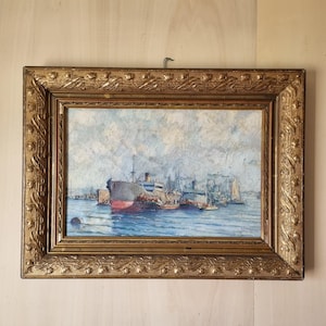 Dutch Harbour View, antique painting signed