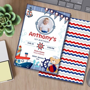 IN VENDITA Invito di compleanno nautico con design sul retro, Invito per il 1° compleanno, Invito marinaio, Ancora, Marina, Blu, Invito nautico, Ahoy NS2