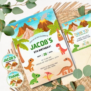 Invito di compleanno dinosauro, invito dinosauro EDITABLE, tema Dino, invito dinosauro, DOWNLOAD IMMEDIATO stampabile + biglietto di ringraziamento Dino D1