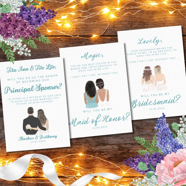 Teal Turquoise Minimalist Will You be My Bridesmaid, Maid of Honor, Principal Sponsor Invitation, Rustic Wedding Invitation Template Bundle