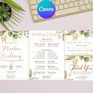 Rustic Wedding Invitation Template Canva, Greenery Wedding Invite, RSVP, Wedding entourage, Instant Download, Editable Wedding Bundle
