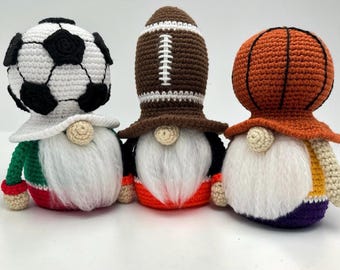 Crochet Gnome Pattern Bundle, Sports Team Gnomes, Football, Soccer, Basketball (PDF Download)