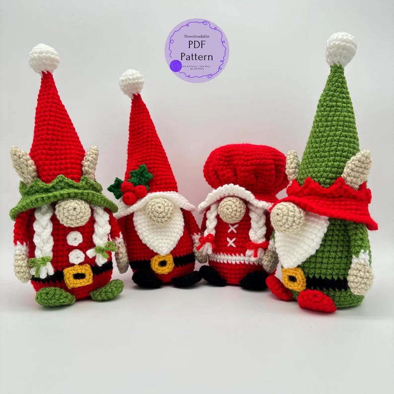 Four festive crochet Christmas gnomes displayed on a white background, including Santa, Mrs. Claus, and two elf gnomes with red, green, and white outfits and decorative details, handmade amigurumi figures featured for the downloadable PDF crochet pattern by CrochetGnomeMania.