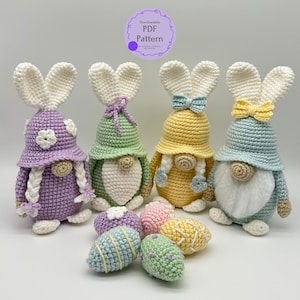 Easter Bunny Gnome Crochet Pattern PDF – Spring Amigurumi Gnome with Ears, Braids, Bow, and Eggs – Cute Easter Decor DIY