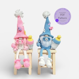 Padrão de crochê amigurumi de gnomo para chá de bebê — Ideia de presente para decoração de festa de revelação de gênero (Download em PDF)