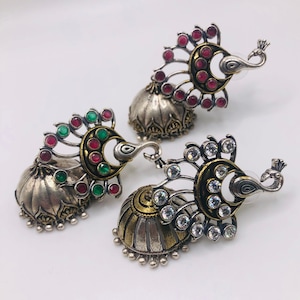 Oxidized two tones American diamond earrings in peacock design, jhumka earrings, indian jewelry, gift for her, party wear