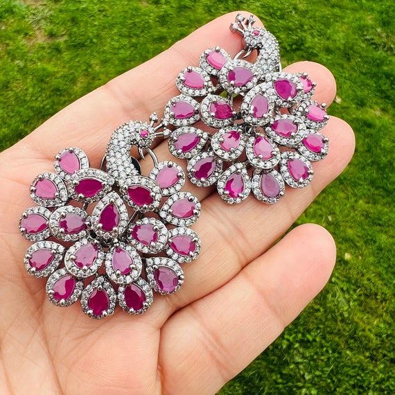 Cubic Zirconia Peacock Stud Earrings: Indian Bridal Jewelry