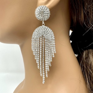 Silver crystal rhinestone dangle tassel earrings, long statement earrings, wedding earrings, dangled drop earrings, bridal earrings
