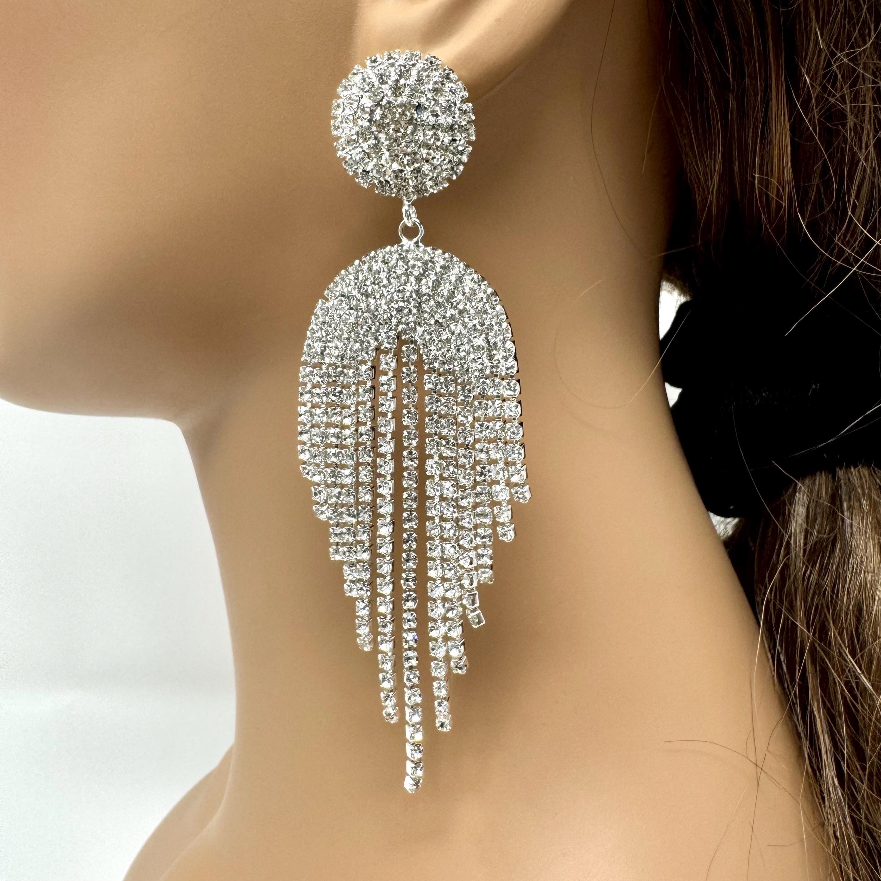 Orecchini Pendenti Con Nappe In Cristallo Di Strass Color Argento Da Donna Gioi