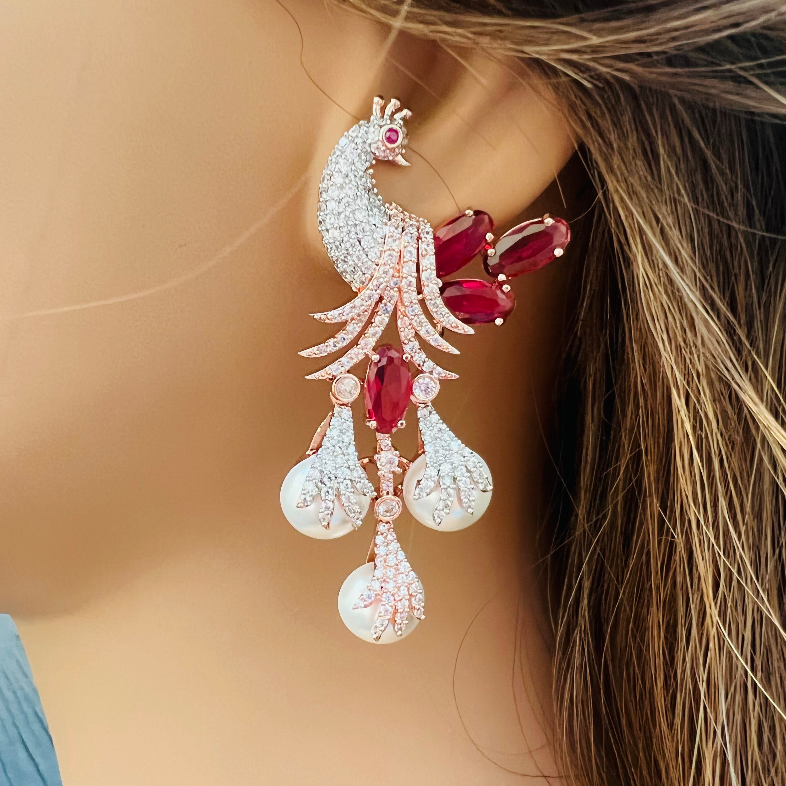 Peacock Design Earrings American Diamond Earrings Baroque Pearl
