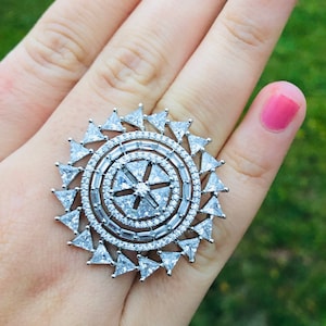 American Diamond Statement Ring: Rhodium Plated Adjustable Band