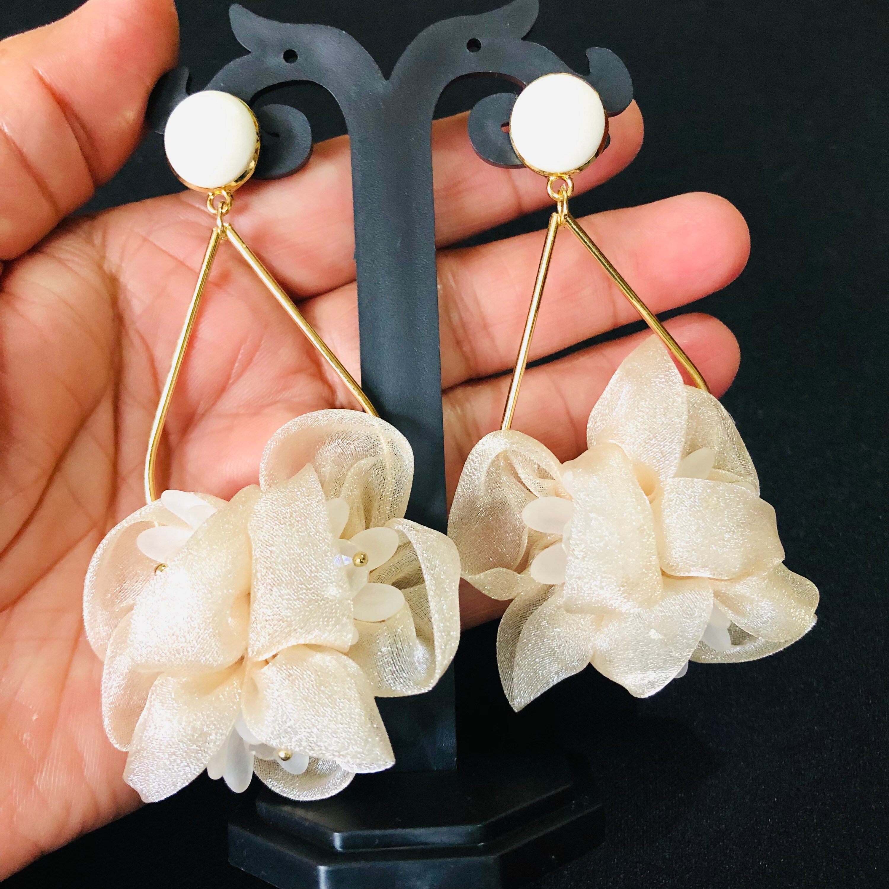 Boucles D'oreilles Créoles En Fleurs Stabilisées Oranges Et Bleues, Nila - Paris