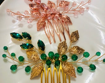 Handmade Gold Leaf Hair Comb: Emerald Green Crystal Bridal Hairpiece