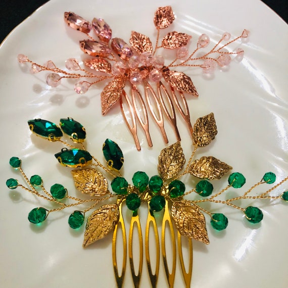 Gold Leaf Hair Comb with Emerald Green Crystal Accents by Emerald Green Crystal Hair Comb With Gold Leaves, Bridal  main image 2
